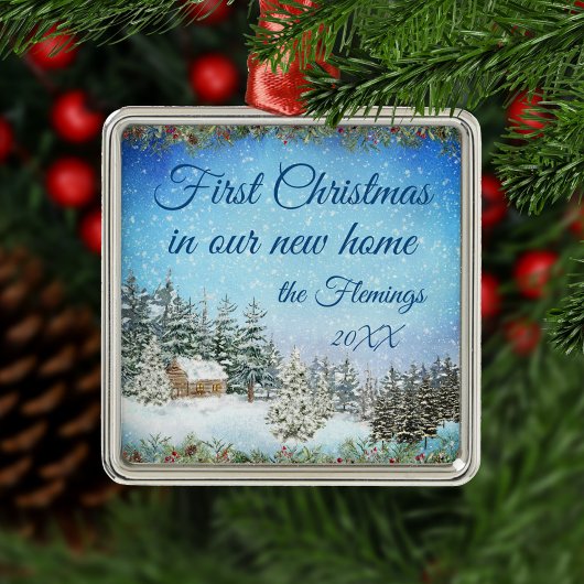 New Home Waterverf Scene Metalen Ornament