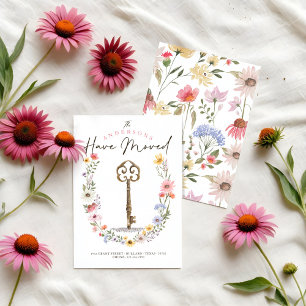 New Home Waterverf Wildflower WreatVintage Key Aankondiging