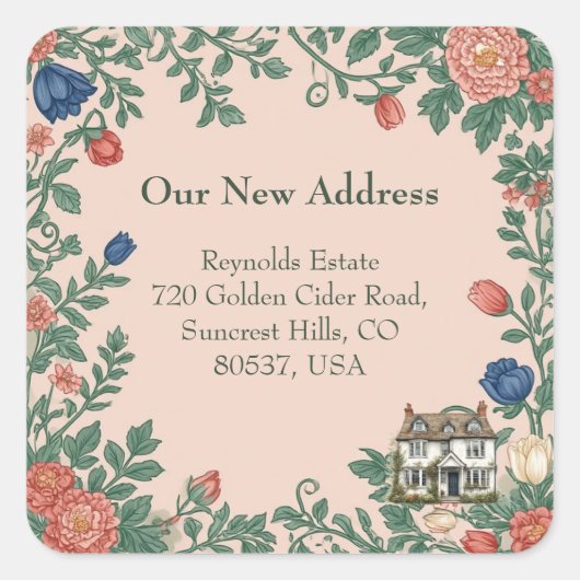 New House Address William Morris Inspired Greenery Vierkante Sticker (Voorkant)