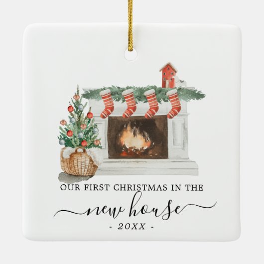 New House kerstversiering Waterverf Fireplace Keramisch Ornament (Achterkant)