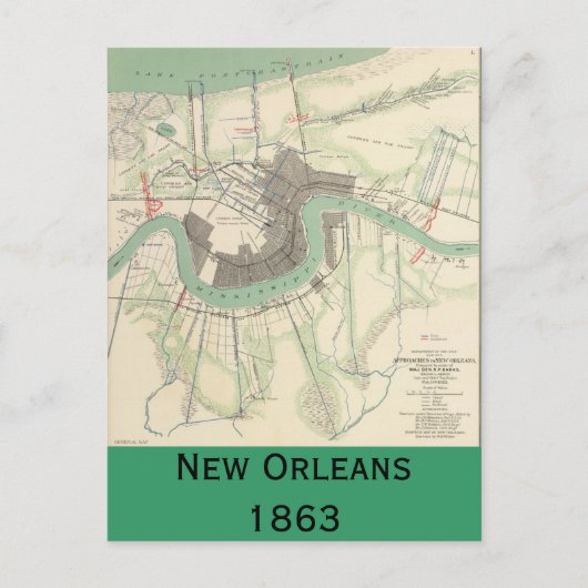 New Orleans Civil War Map 1863 Briefkaart (Voorkant)