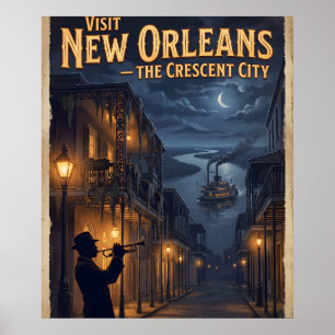 New Orleans Crescent City Vintage Noir Reizen Poster