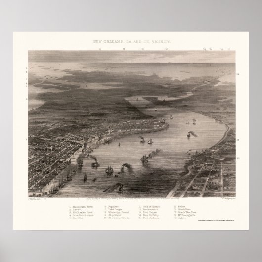 New Orleans, LA Panoramic Map - 1863 Poster (Voorkant)