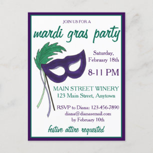 New Orleans Mardi Gras Masquerade Mask Ball Party Uitnodiging Briefkaart
