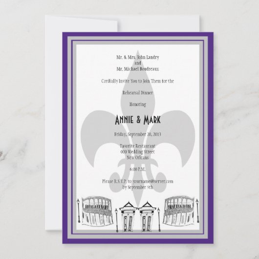 New Orleans Rehearsal Dinner Invite paarse Silver Kaart (Voorkant)
