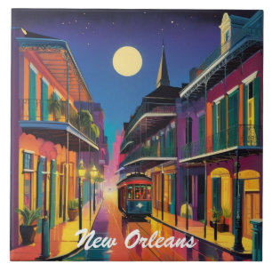 New Orleans Straat & Straattram bij Nacht Tegeltje