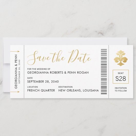 New Orleans Wedding Fleur De Lis Boarding Pass Save The Date (Voorkant)