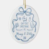 New Parents First Christmas Whimsical Blue Doodles Keramisch Ornament (Rechts)