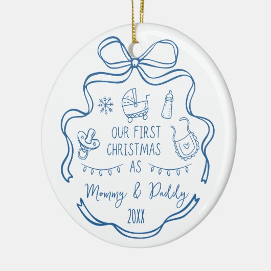 New Parents First Christmas Whimsical Blue Doodles Keramisch Ornament (Links)