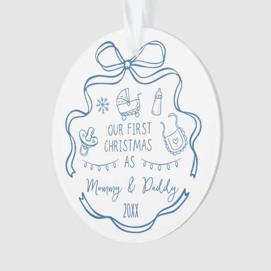 New Parents First Christmas Whimsical Blue Doodles Ornament (voorkant)