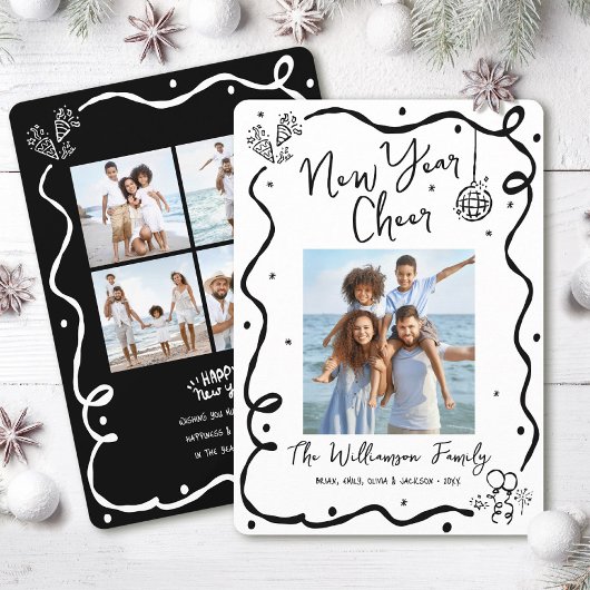 New Year Cheer 5 Photo Black White Hand Drawn Fun Feestdagenkaart