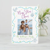 New Year Cheer 5 Photo Turquoise Hand Drawn Sketch Feestdagenkaart (Staand voorkant)