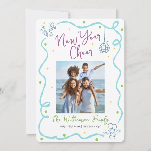 New Year Cheer 5 Photo Turquoise Hand Drawn Sketch Feestdagenkaart (Voorkant)