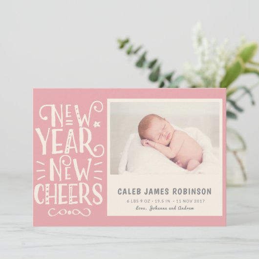 New Year New Cheer and Birth Announcement combined Feestdagenkaart (Staand voorkant)