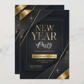 New Year Party Invitation Black and Gold (Devant / Derrière)