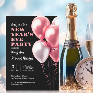 New Years Eve Party Blush roze ballonnen zwart Kaart