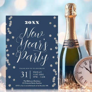 New Years Eve Silver Glitter Confetti Navy Kaart