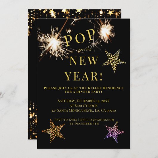 New Years Party Invite Sparklers Gold Invitation (Devant / Derrière)