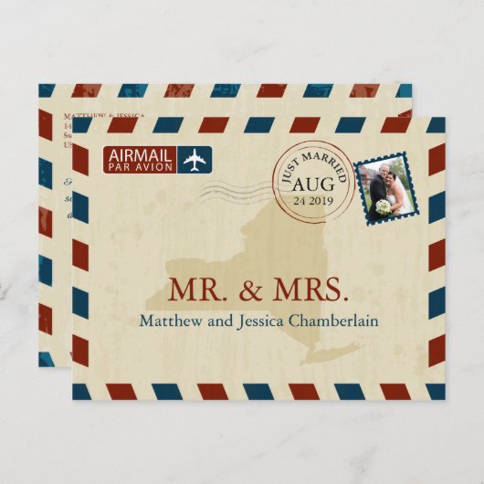 New York Airmail | Huwelijk Dank u Briefkaart (Voorkant / Achterkant)