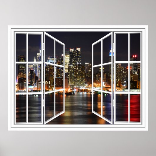 New York At Night White 24 Pane Open Window Poster (Devant)
