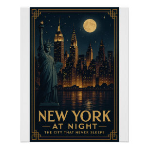 New York bij Nacht Retro Silhouet – Vintage Stad Perfect Poster