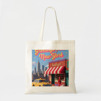 New York Bodega Nacht Taxi Skyline Poster Tote Bag