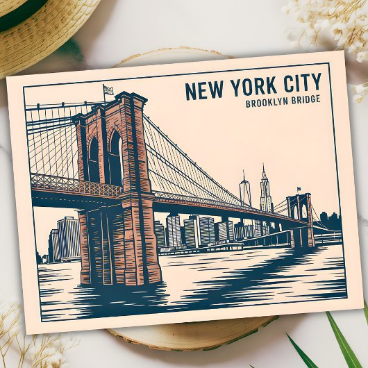 New York Brooklyn Bridge Skyline Bold Retro Reizen Briefkaart