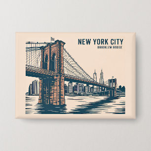 New York Brooklyn Bridge Skyline Bold Retro Reizen Button