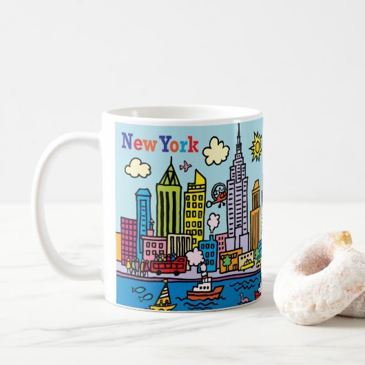New York Cartoon Bezienswaardigheden Gebouwen Koffiemok (Met donut)