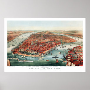 New York City, 1870 Bird's Eye Uitzicht Map Print