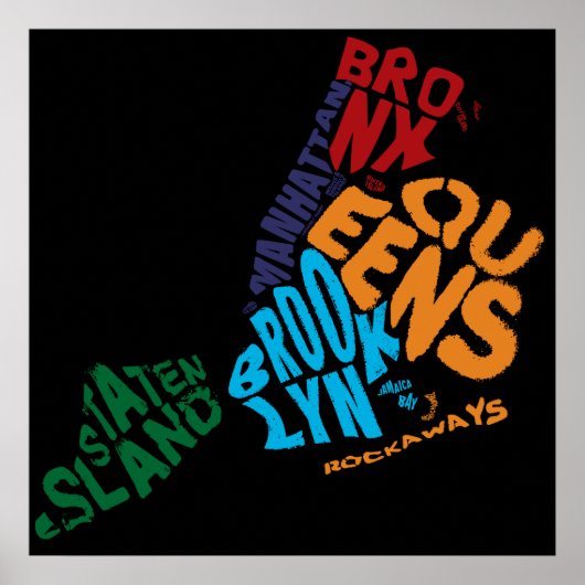 New York City 5 Boroughs Calligram Map Poster (Voorkant)