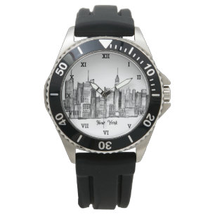 New York City Black Modern Skyline Travel NYC Watc Horloge