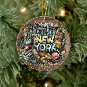 New York City Kerstmis - Aangepaste jaarnaam Keramisch Ornament