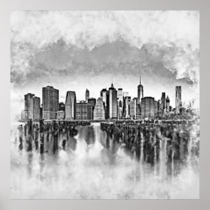 New York City Manhattan Skyline - zwart-wit Poster