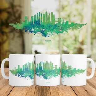 New York City Silhouet Aquarel in blauw en groen Koffiemok