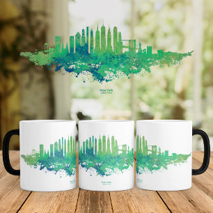New York City Silhouet Aquarel in blauw en groen Magische Mok