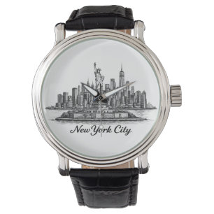 New York City Silhouette Lijn Kunst Illustratie Horloge