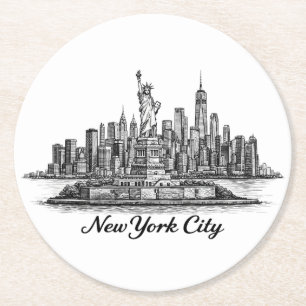 New York City Silhouette Lijn Kunst Illustratie Ronde Kartonnen Onderzetter