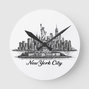 New York City Silhouette Lijn Kunst Illustratie Ronde Klok