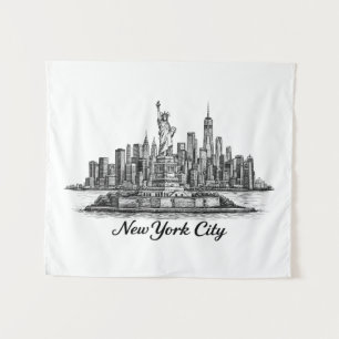 New York City Silhouette Lijn Kunst Illustratie Wandkleed