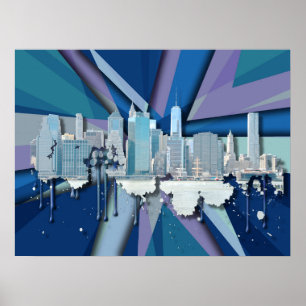 New York City Skyline Blauw 3D Poster