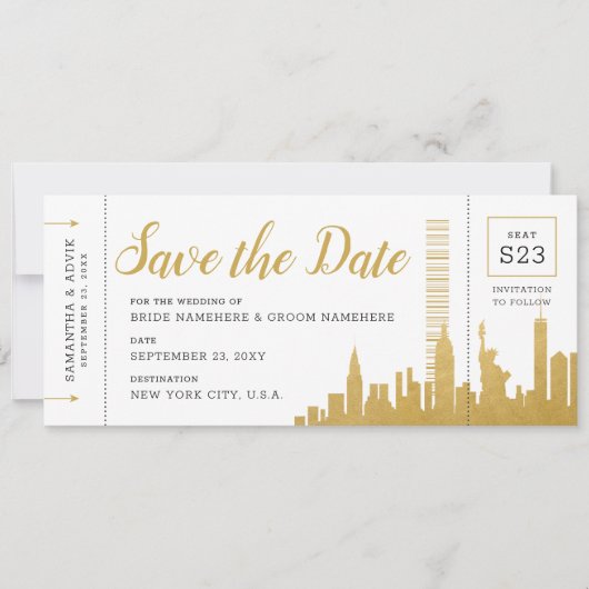 New York City Skyline Boarding Pass Save Date Kaar Aankondiging (Voorkant)