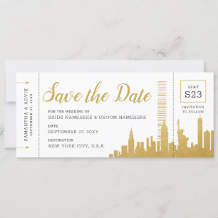 New York City Skyline Boarding Pass Save Date Kaar Aankondiging