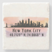 New York City Skyline Latitude en Lengtegraad Stenen Onderzetter (Voorkant)