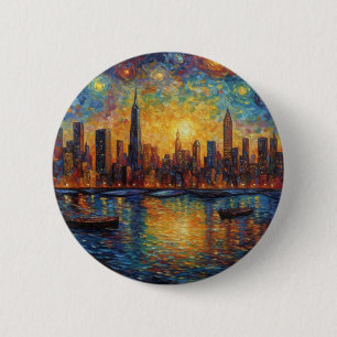 New York City Skyline van Gogh stijl Ronde Button 5,7 Cm