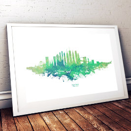 New York City Skyline Waterverf in blauw en groen Foto Afdruk