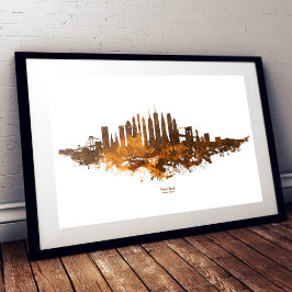 New York City Skyline Waterverf in oranje Foto Afdruk