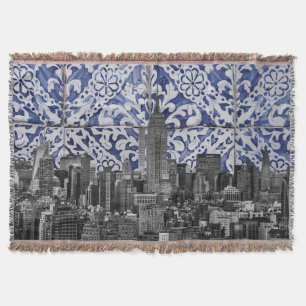 New York City Skyscrapers ontmoeten Portugese Tile Deken