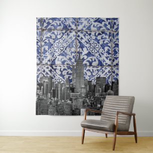 New York City Skyscrapers ontmoeten Portugese Tile Wandkleed