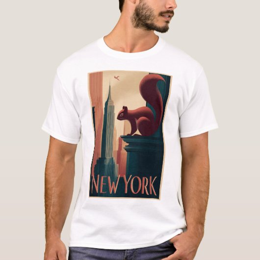 New York City Squirrel – Art Deco Skyline Poster T-shirt (Voorkant)